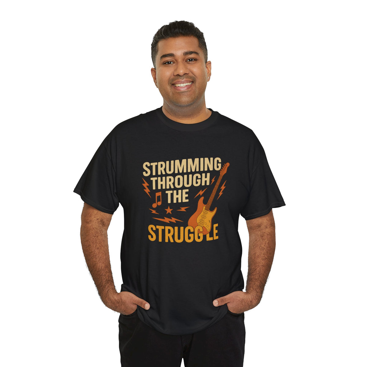 Strumming Through the Struggle, Comfortable, Unisex, Cotton Tee - Rock Music Lover's Motivational T-Shirt