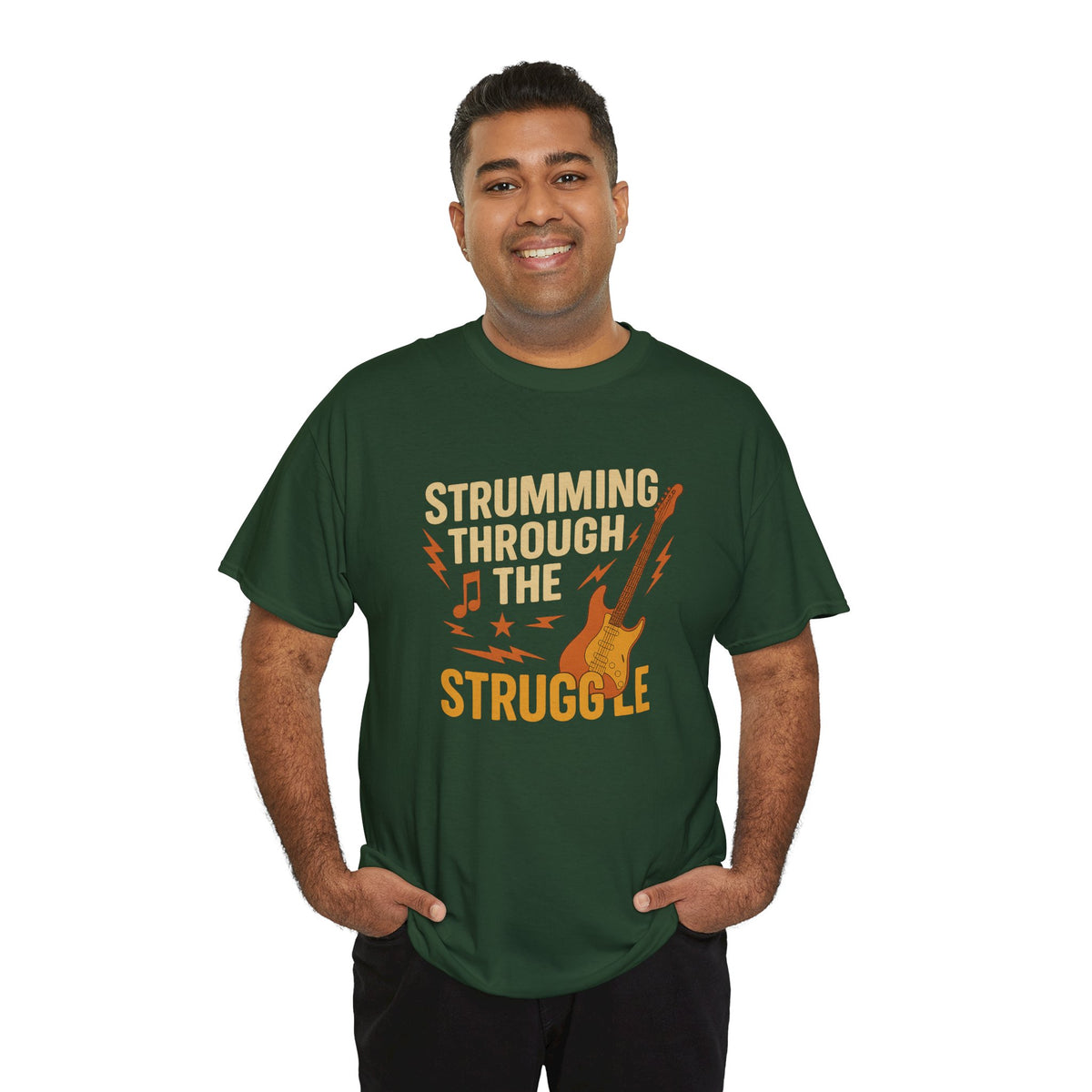 Strumming Through the Struggle, Comfortable, Unisex, Cotton Tee - Rock Music Lover's Motivational T-Shirt