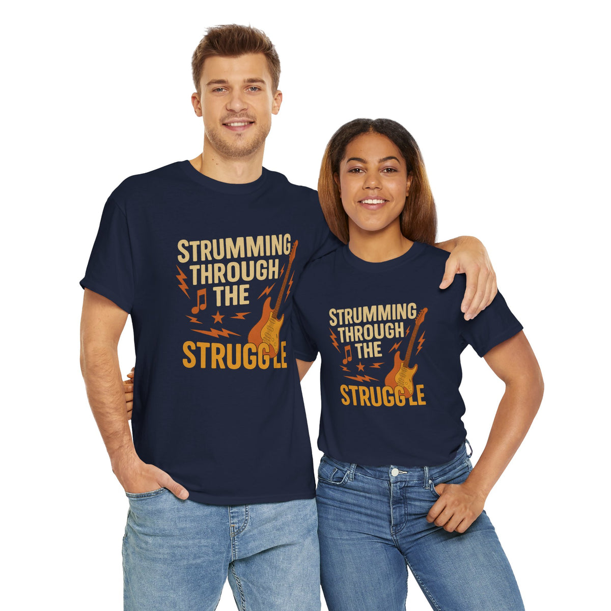 Strumming Through the Struggle, Comfortable, Unisex, Cotton Tee - Rock Music Lover's Motivational T-Shirt