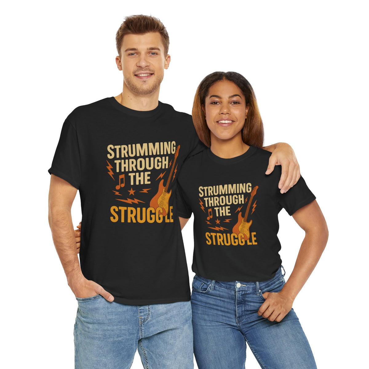 Strumming Through the Struggle, Comfortable, Unisex, Cotton Tee - Rock Music Lover's Motivational T-Shirt