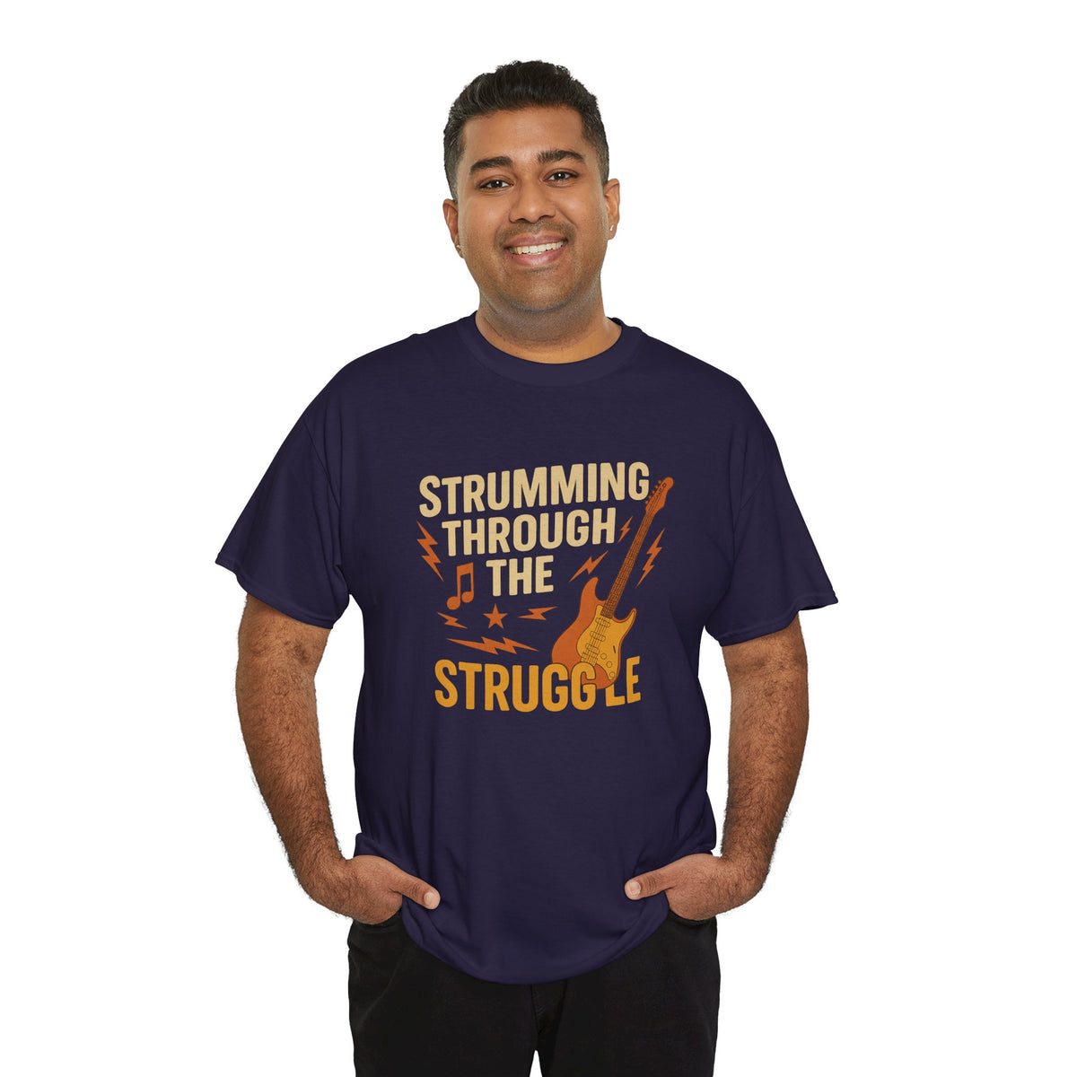 Strumming Through the Struggle, Comfortable, Unisex, Cotton Tee - Rock Music Lover's Motivational T-Shirt