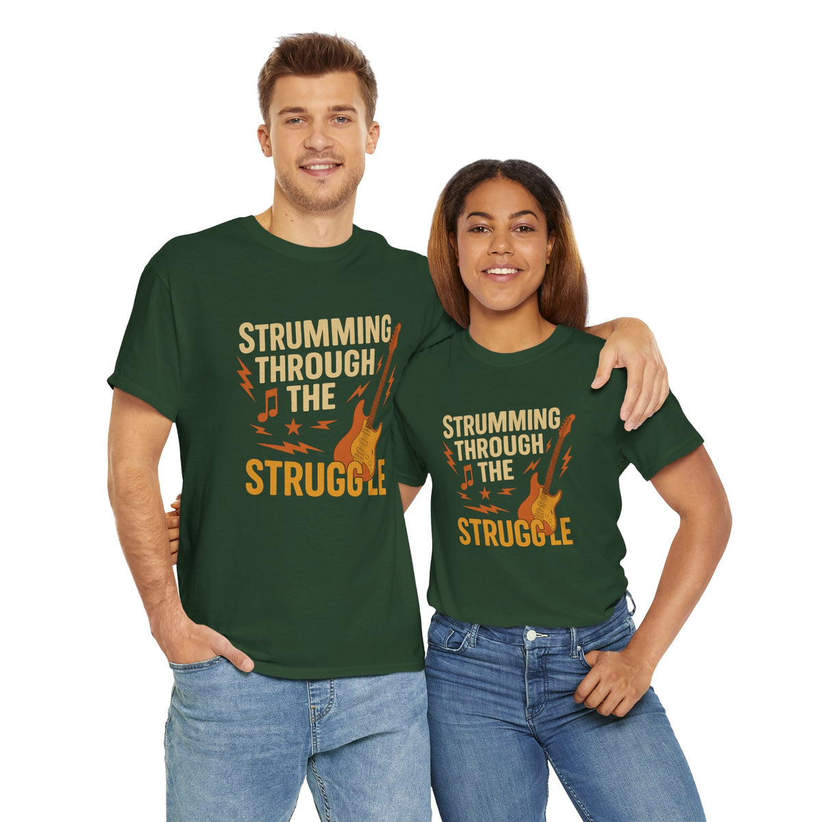 Strumming Through the Struggle, Comfortable, Unisex, Cotton Tee - Rock Music Lover's Motivational T-Shirt