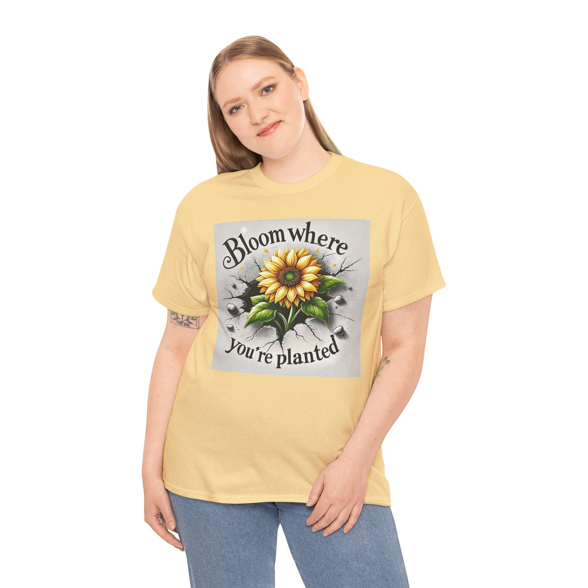 Bloom Where You're Planted, Comfortable, Unisex Heavy Cotton Tee - Inspirational Floral Graphic T-Shirt