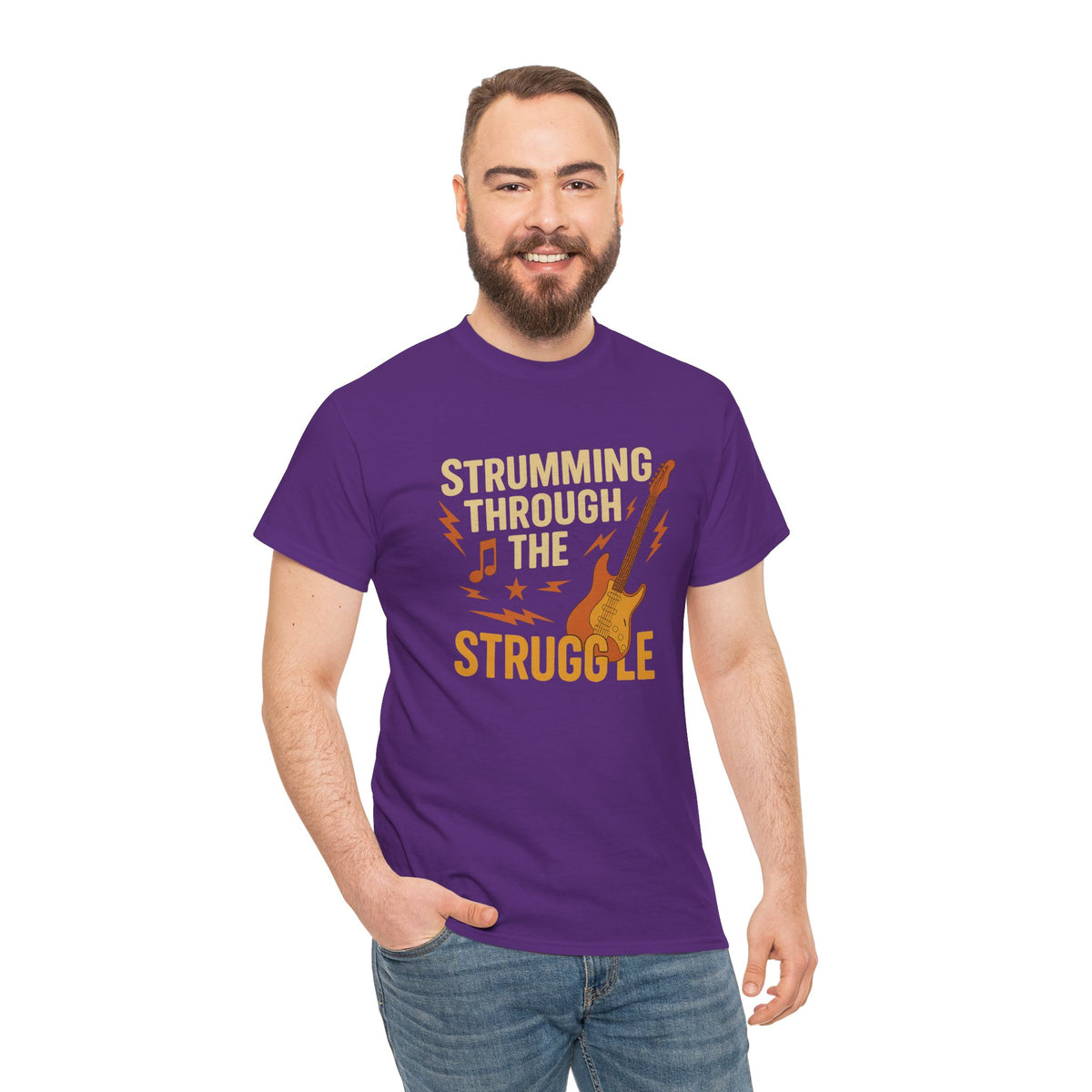 Strumming Through the Struggle, Comfortable, Unisex, Cotton Tee - Rock Music Lover's Motivational T-Shirt