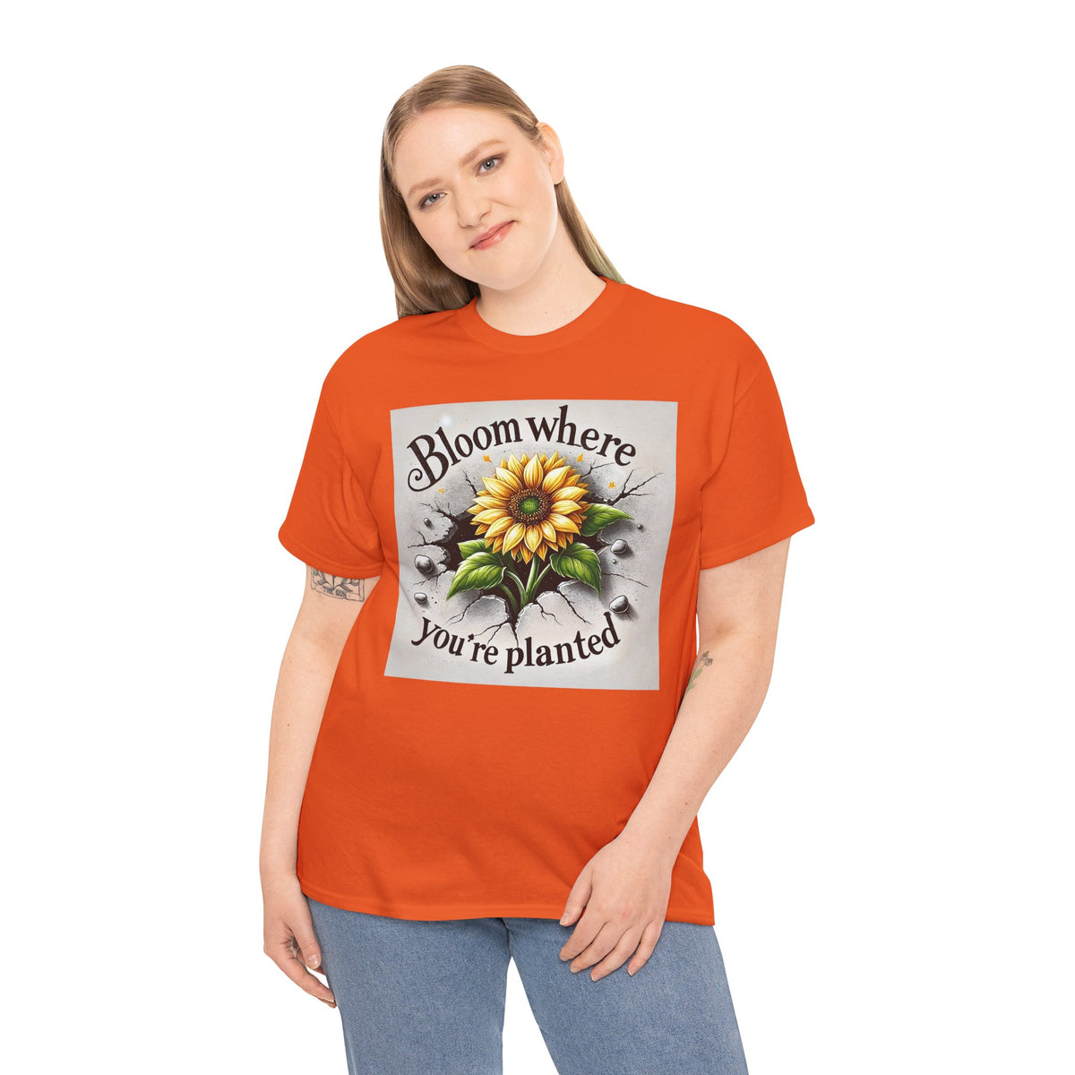 Bloom Where You're Planted, Comfortable, Unisex Heavy Cotton Tee - Inspirational Floral Graphic T-Shirt