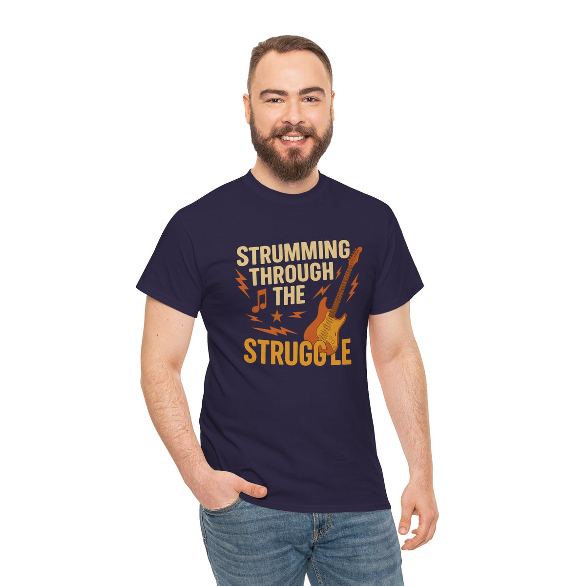 Strumming Through the Struggle, Comfortable, Unisex, Cotton Tee - Rock Music Lover's Motivational T-Shirt