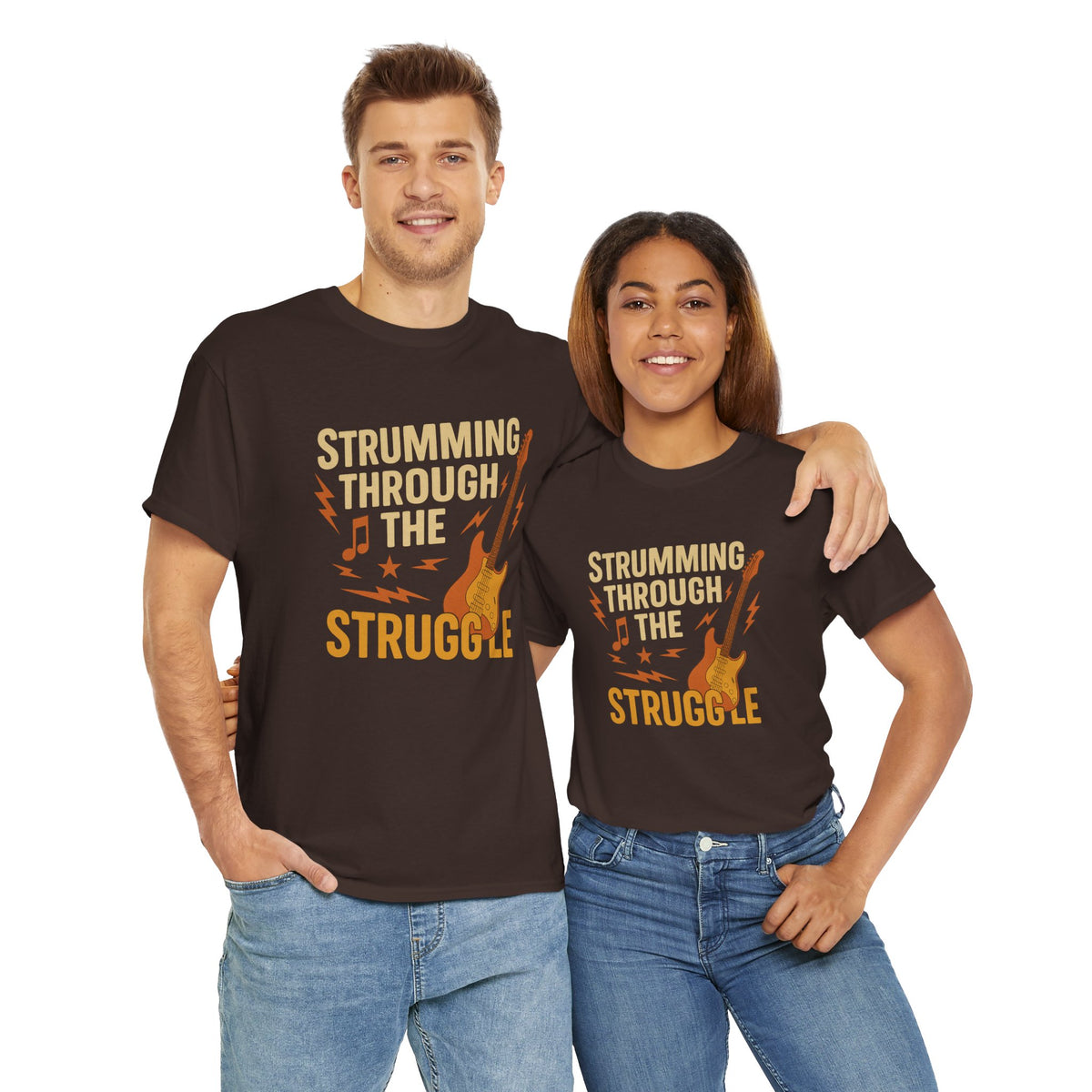 Strumming Through the Struggle, Comfortable, Unisex, Cotton Tee - Rock Music Lover's Motivational T-Shirt