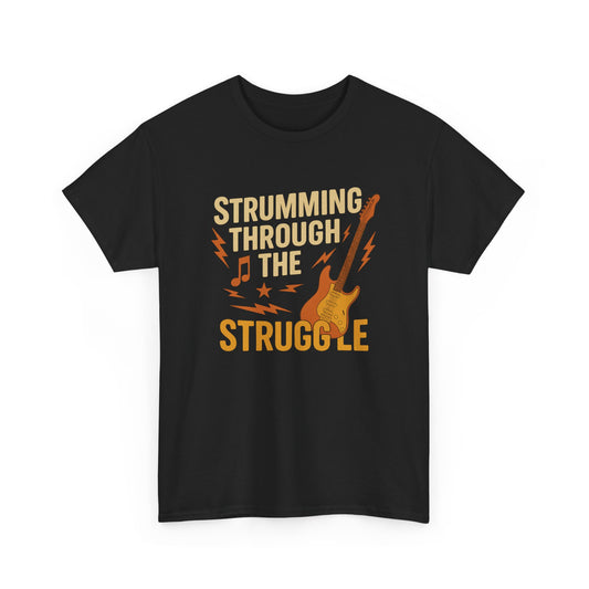 Strumming Through the Struggle, Comfortable, Unisex, Cotton Tee - Rock Music Lover's Motivational T-Shirt