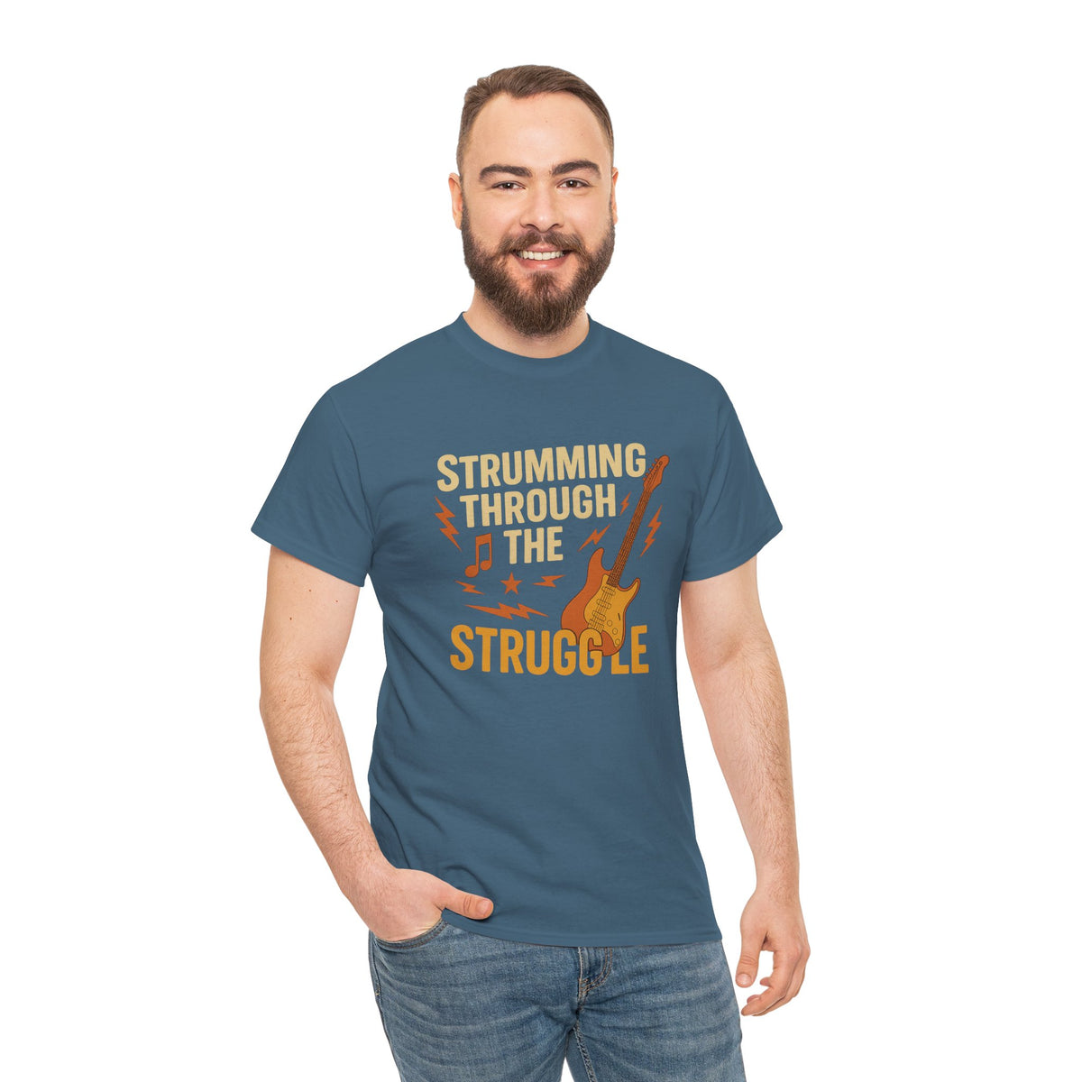 Strumming Through the Struggle, Comfortable, Unisex, Cotton Tee - Rock Music Lover's Motivational T-Shirt