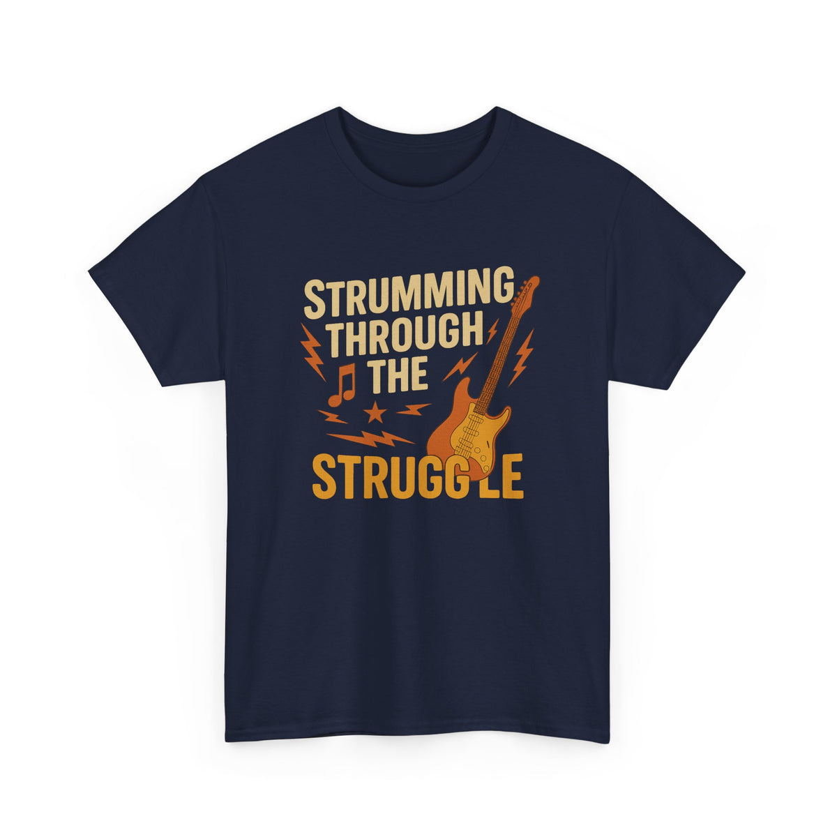 Strumming Through the Struggle, Comfortable, Unisex, Cotton Tee - Rock Music Lover's Motivational T-Shirt