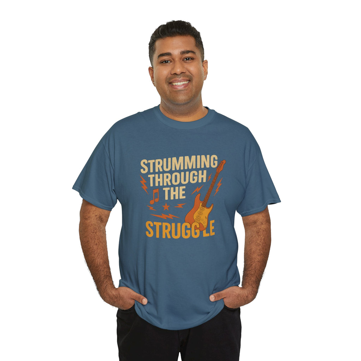 Strumming Through the Struggle, Comfortable, Unisex, Cotton Tee - Rock Music Lover's Motivational T-Shirt