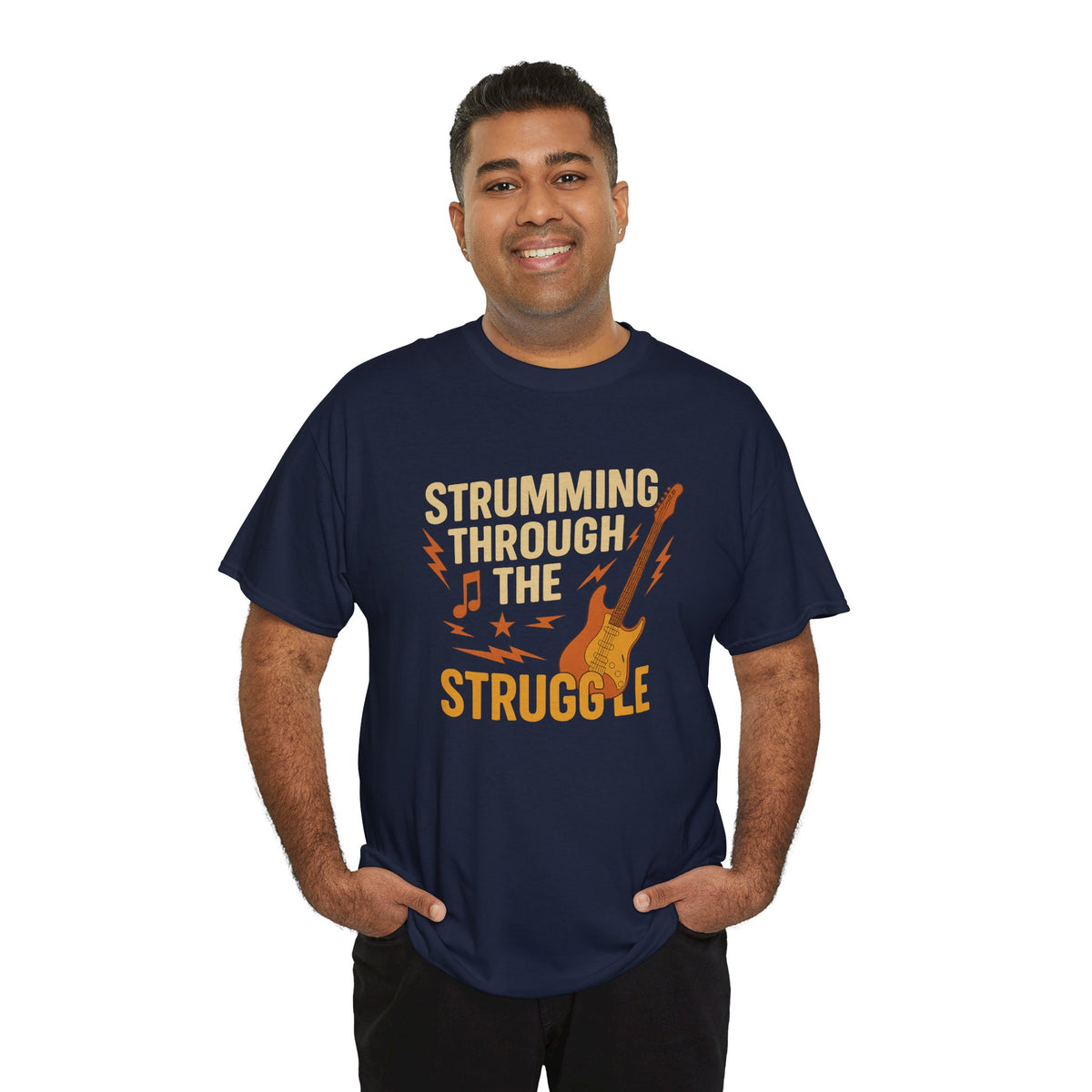 Strumming Through the Struggle, Comfortable, Unisex, Cotton Tee - Rock Music Lover's Motivational T-Shirt