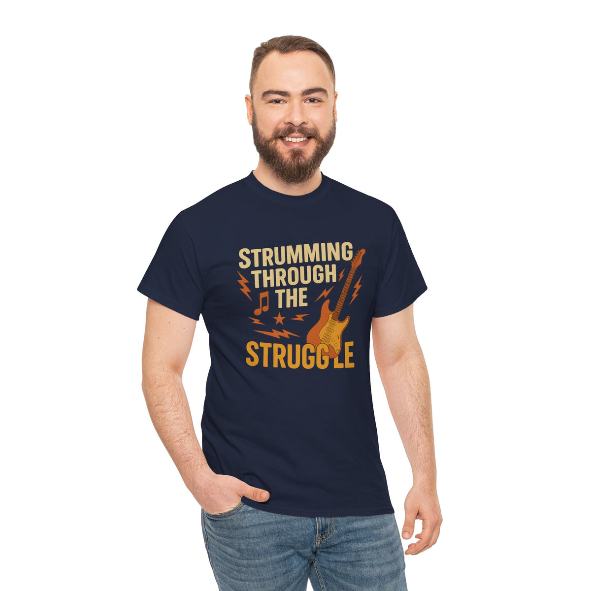 Strumming Through the Struggle, Comfortable, Unisex, Cotton Tee - Rock Music Lover's Motivational T-Shirt