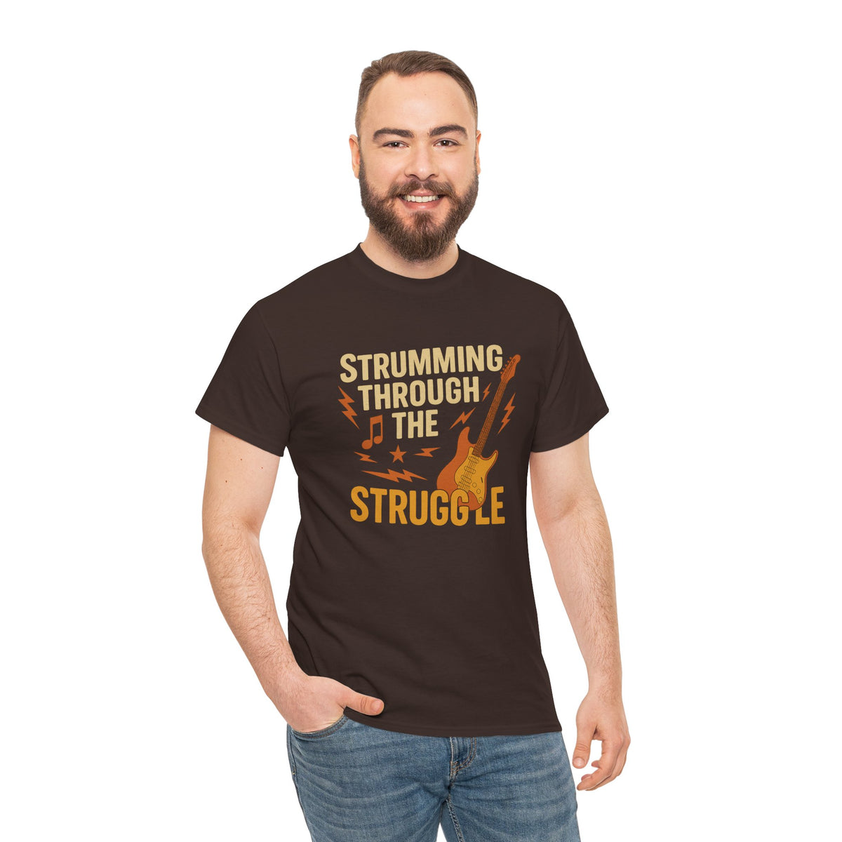Strumming Through the Struggle, Comfortable, Unisex, Cotton Tee - Rock Music Lover's Motivational T-Shirt