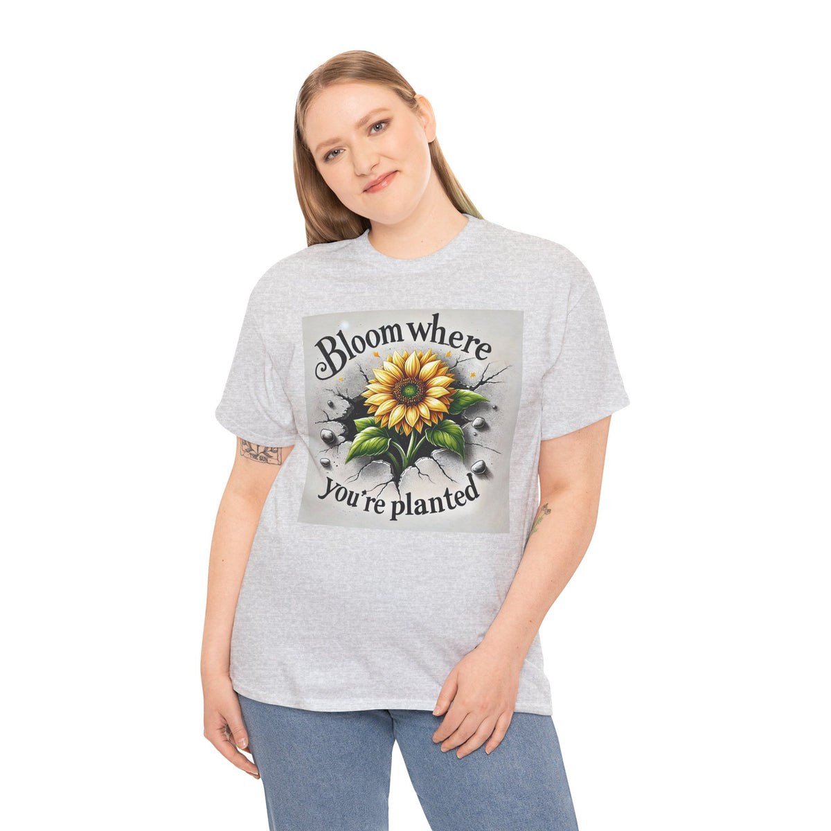 Bloom Where You're Planted, Comfortable, Unisex Heavy Cotton Tee - Inspirational Floral Graphic T-Shirt