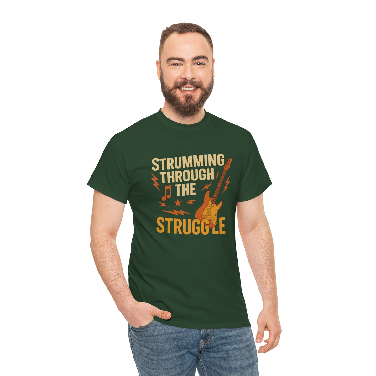 Strumming Through the Struggle, Comfortable, Unisex, Cotton Tee - Rock Music Lover's Motivational T-Shirt