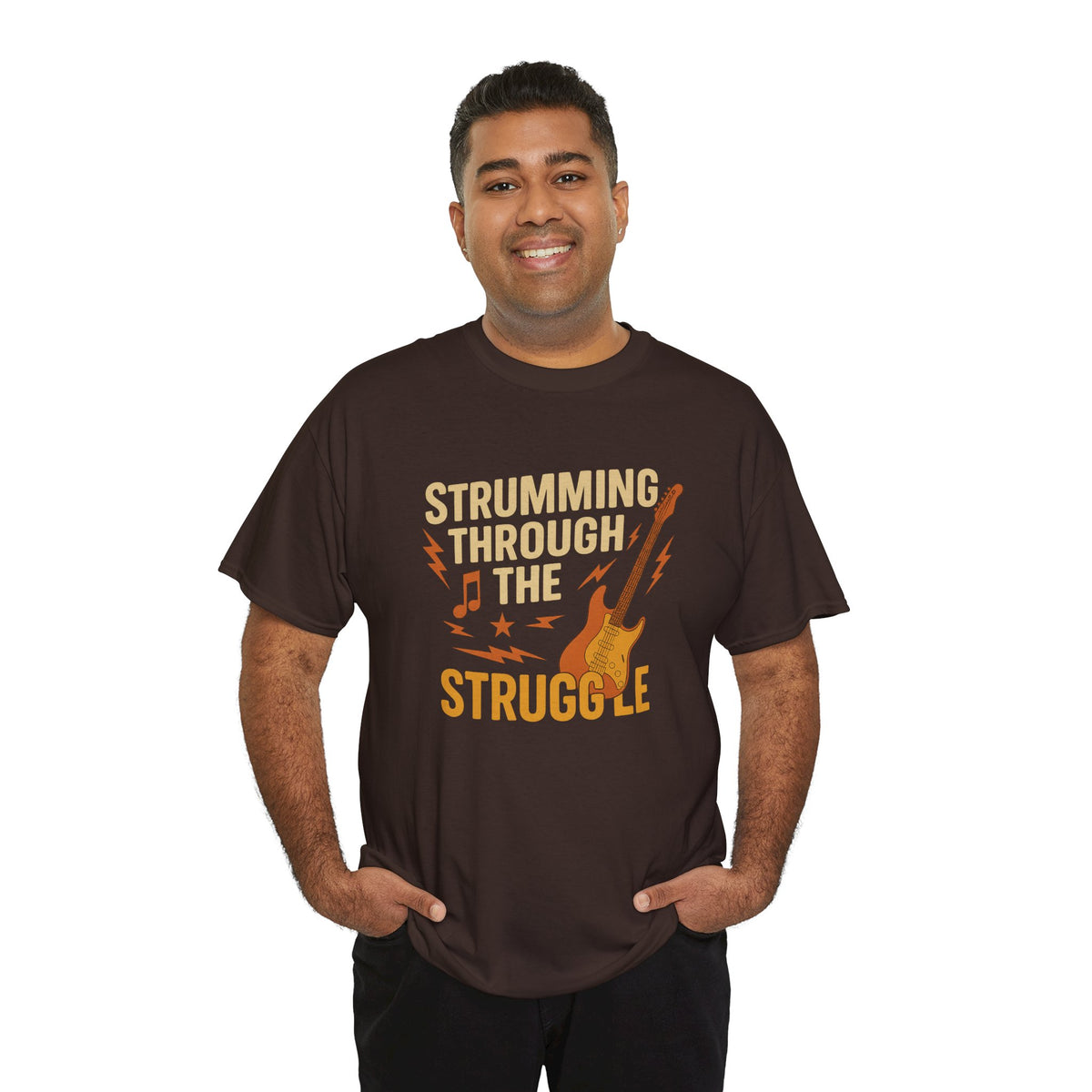 Strumming Through the Struggle, Comfortable, Unisex, Cotton Tee - Rock Music Lover's Motivational T-Shirt