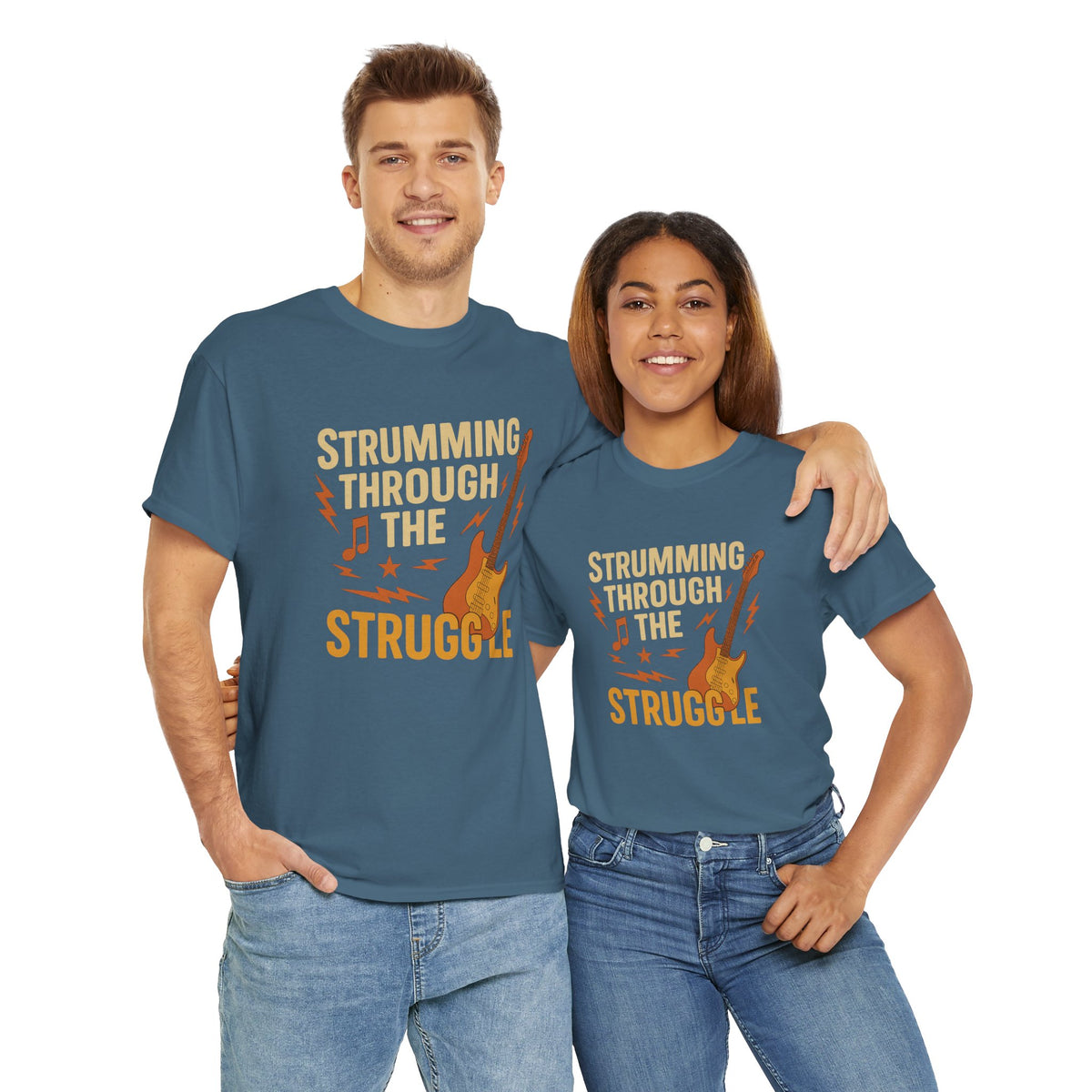 Strumming Through the Struggle, Comfortable, Unisex, Cotton Tee - Rock Music Lover's Motivational T-Shirt