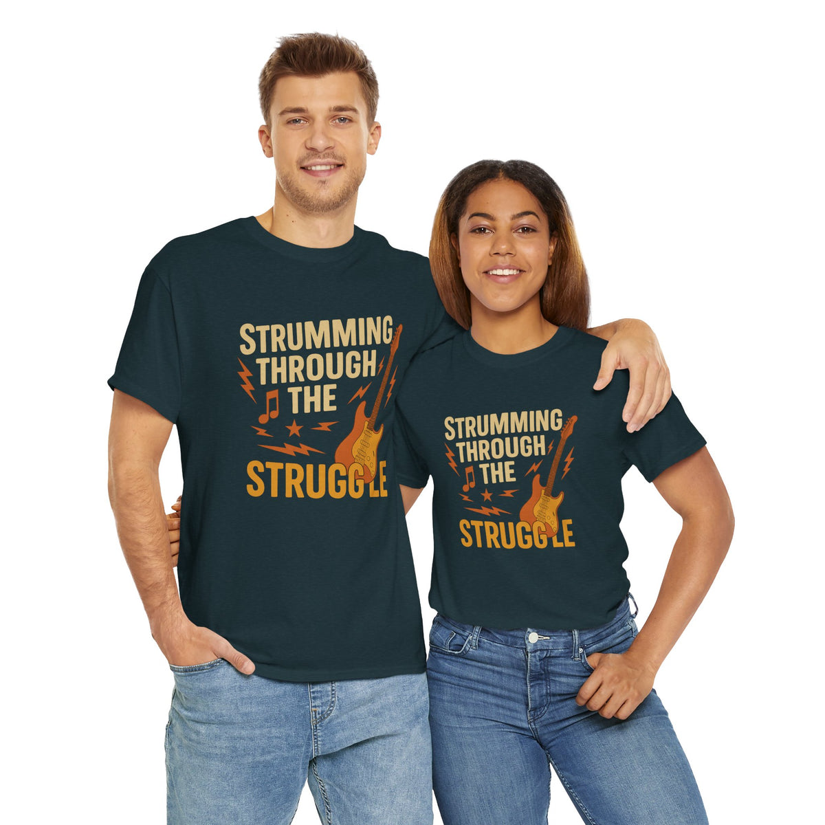 Strumming Through the Struggle, Comfortable, Unisex, Cotton Tee - Rock Music Lover's Motivational T-Shirt